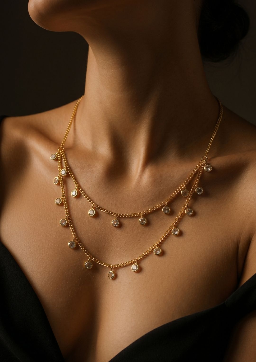 Çok Katmanlı Taşlı Gold Kolye – Zarif Kadın Kolye Modeli