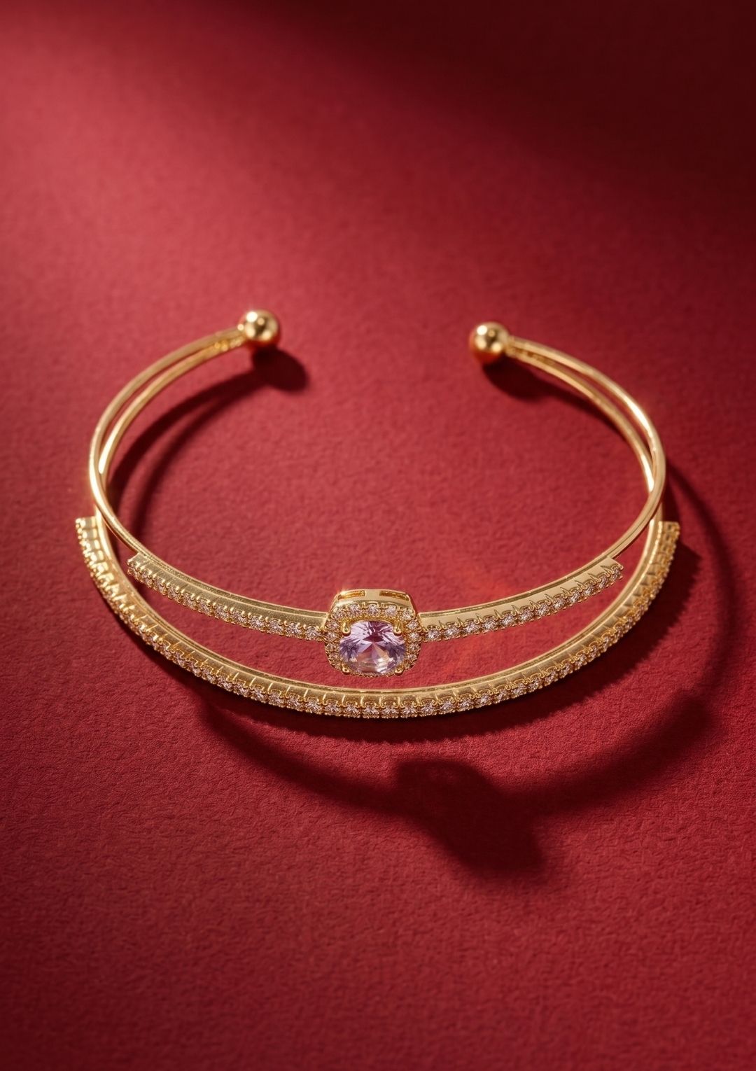 Pembe Taşlı Gold Kelepçe Bileklik – Zarif Kadın Çelik Bileklik