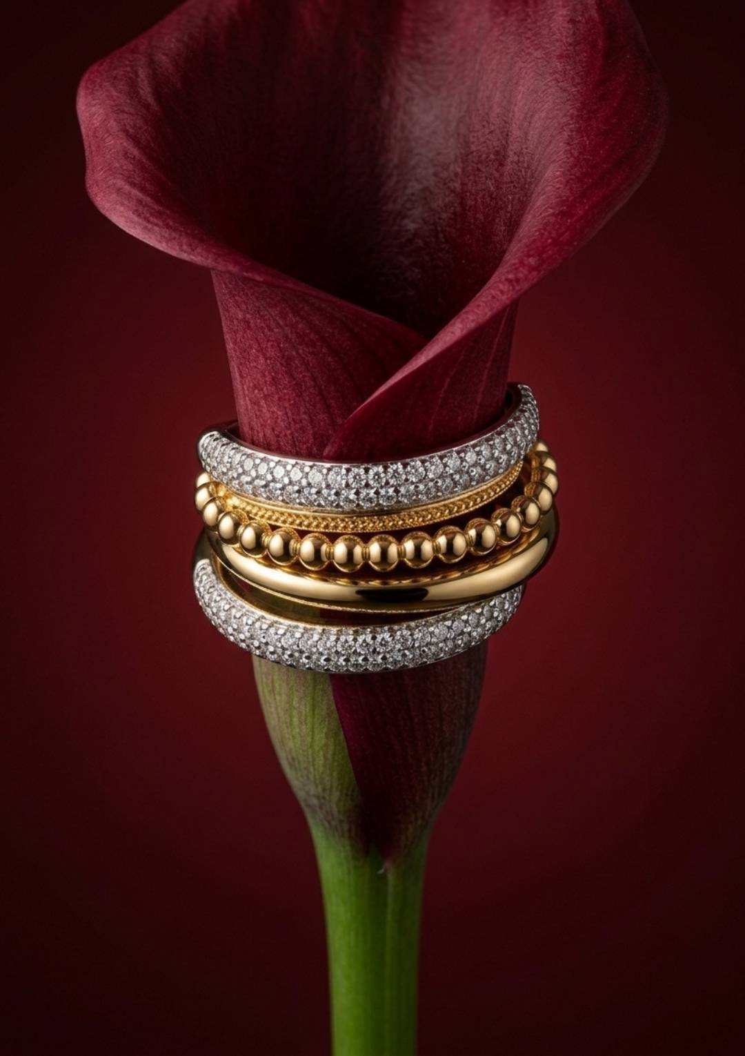 Gold & Silver Taşlı Katmanlı Kadın Çelik – Ayarlanabilir Yüzük