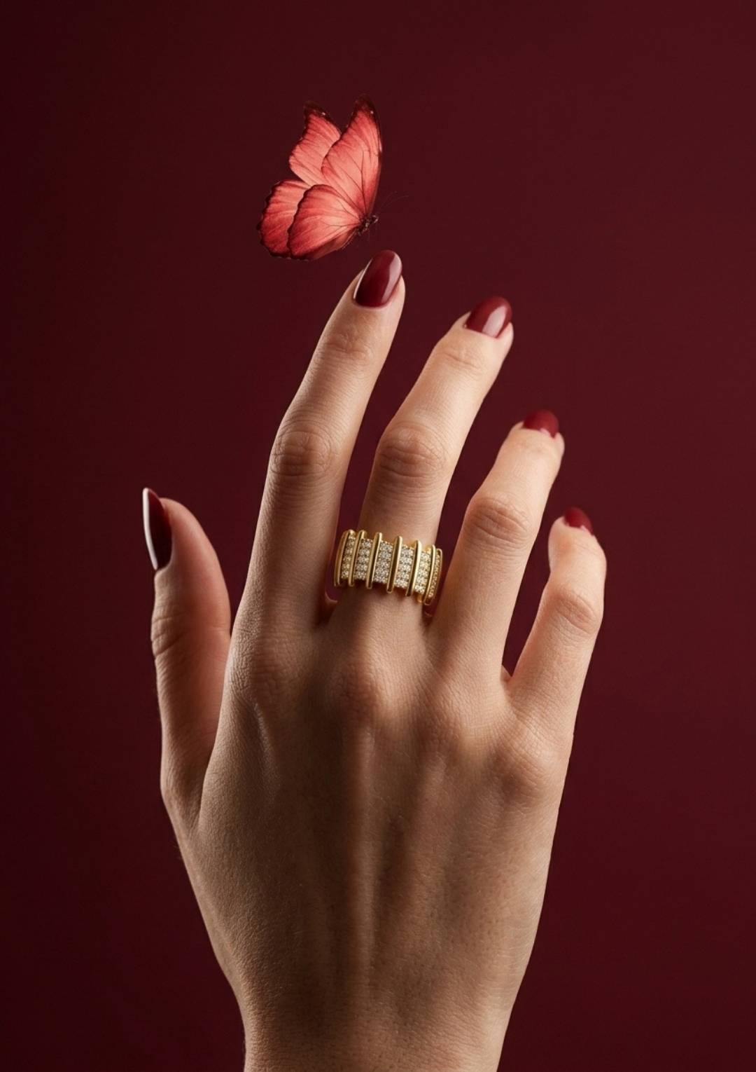 Gold Taş İşlemeli Kalın Kadın Çelik – Luxury Statement Yüzük - Görsel 2